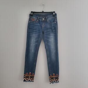 Grace In LA Aztec Southwestern Embroidered Frayed Jeans 24